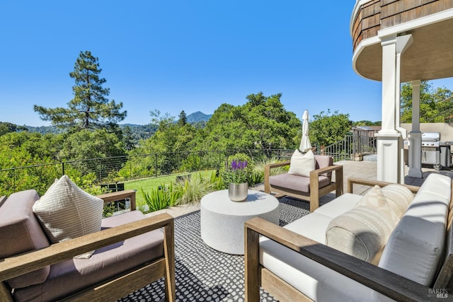 6 Live Oak Way, San Rafael, CA 94901 - view of patio with an outdoor living space, area for grilling, a view of trees, and a balcony