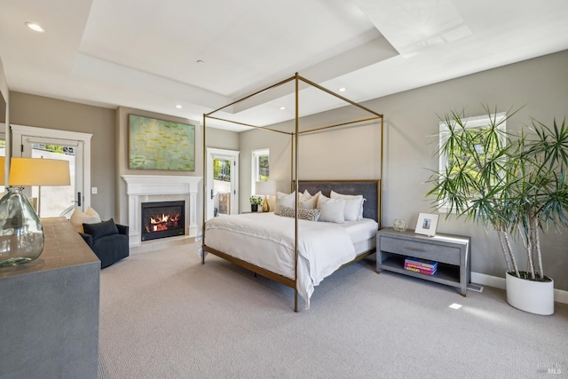 6 Live Oak Way, San Rafael, CA 94901 - bedroom featuring carpet floors, multiple windows, a warm lit fireplace, recessed lighting, and baseboards