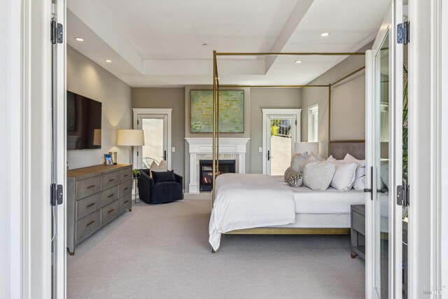6 Live Oak Way, San Rafael, CA 94901 - bedroom featuring light carpet, a lit fireplace, and recessed lighting