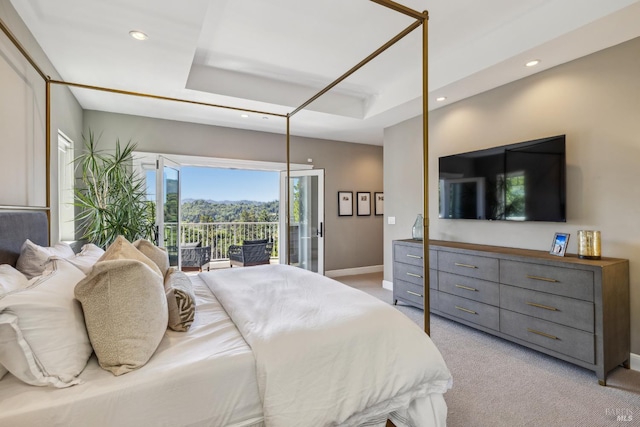 6 Live Oak Way, San Rafael, CA 94901 - bedroom featuring a raised ceiling, recessed lighting, access to exterior, baseboards, and light colored carpet