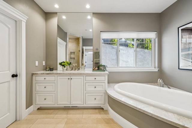 6 Live Oak Way, San Rafael, CA 94901 - bathroom featuring a bath, tiled shower, vanity, tile patterned floors, and recessed lighting