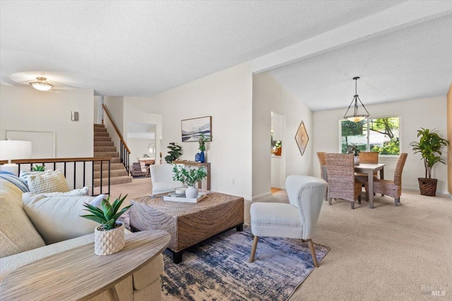 1503 Galaxy Ct, Rohnert Park, CA 94928 - living area featuring stairway, light carpet, baseboards, beamed ceiling, and a textured ceiling