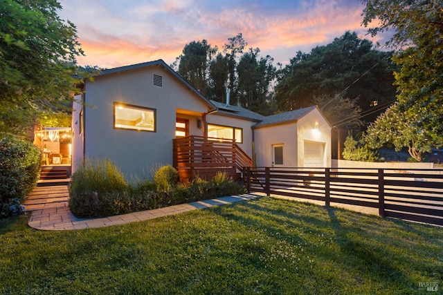 55 Durham Rd, San Anselmo, CA 94960 - view of front of property with stucco siding, a deck, and stairway