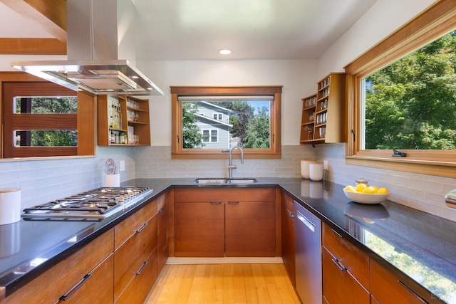 55 Durham Rd, San Anselmo, CA 94960 - kitchen with a sink, island range hood, appliances with stainless steel finishes, open shelves, and recessed lighting