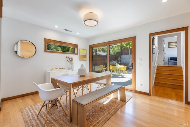 55 Durham Rd, San Anselmo, CA 94960 - dining area featuring baseboards, light wood-style floors, recessed lighting, and stairway