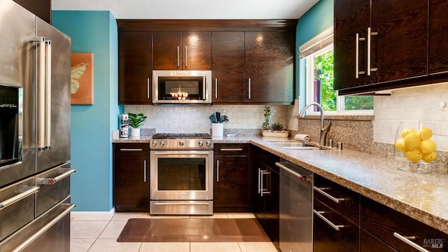 1523 Bruce Ct, Santa Rosa, CA 95401 - kitchen featuring stainless steel appliances, a sink, light tile patterned floors, dark brown cabinetry, and decorative backsplash