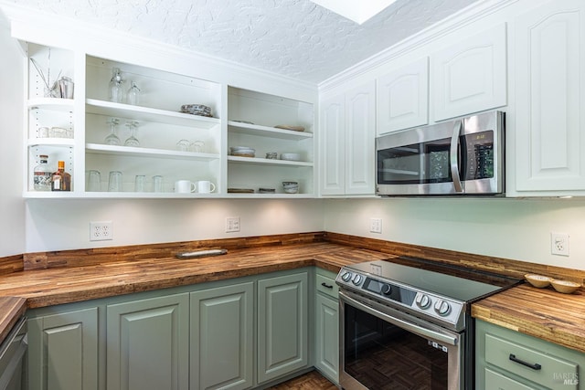 4011 Mill Creek Rd, Healdsburg, CA 95448 - kitchen featuring wood counters, appliances with stainless steel finishes, open shelves, white cabinets, and a textured ceiling