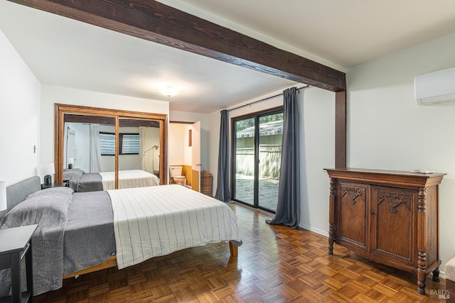 4011 Mill Creek Rd, Healdsburg, CA 95448 - bedroom featuring access to exterior, beamed ceiling, baseboards, and a wall mounted air conditioner