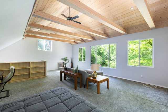 4011 Mill Creek Rd, Healdsburg, CA 95448 - living area with carpet, wooden ceiling, baseboards, and a ceiling fan