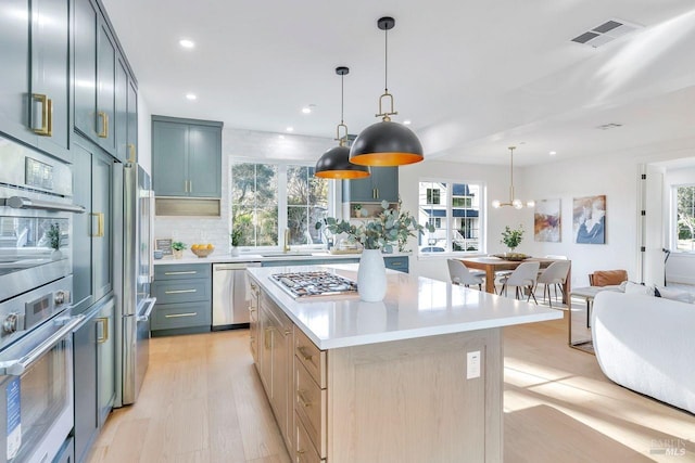 22 Cedar Ave, Kentfield, CA 94904 - kitchen with stainless steel appliances, light countertops, light wood-style flooring, backsplash, and a kitchen island