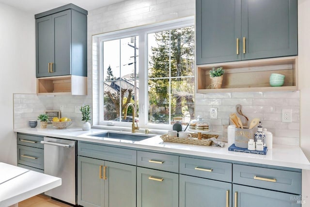 22 Cedar Ave, Kentfield, CA 94904 - kitchen with a sink, stainless steel dishwasher, light countertops, decorative backsplash, and open shelves
