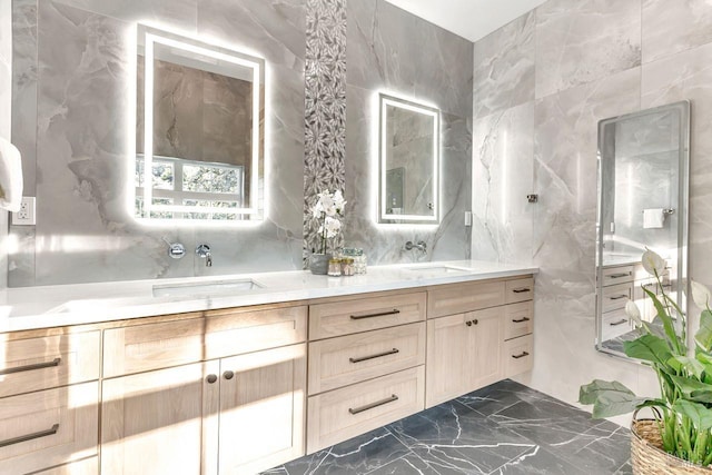 22 Cedar Ave, Kentfield, CA 94904 - bathroom with tile walls, double vanity, and marble tiled floors