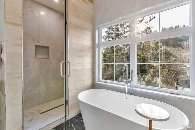 22 Cedar Ave, Kentfield, CA 94904 - bathroom with a freestanding bath, a shower stall, healthy amount of natural light, and marble finish flooring