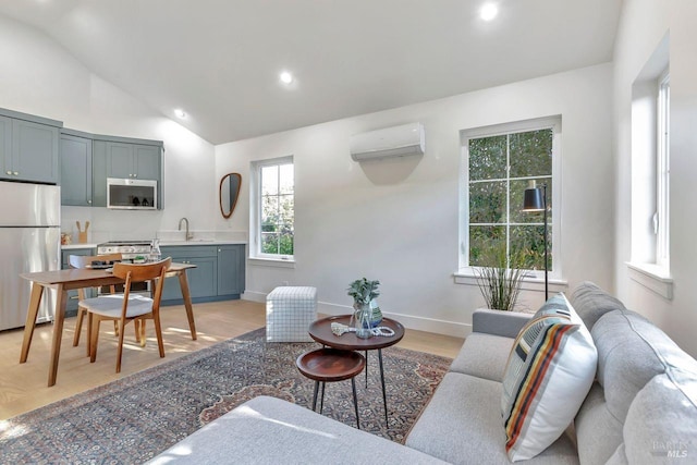 22 Cedar Ave, Kentfield, CA 94904 - living room featuring a wall mounted AC, light wood finished floors, recessed lighting, baseboards, and high vaulted ceiling