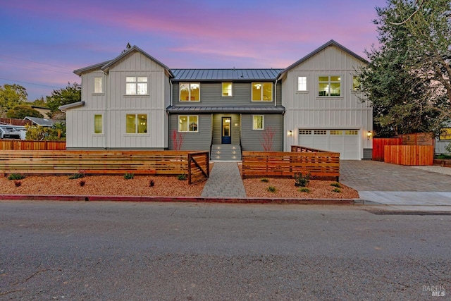 22 Cedar Ave, Kentfield, CA 94904 - modern farmhouse featuring a standing seam roof, board and batten siding, a garage, and metal roof