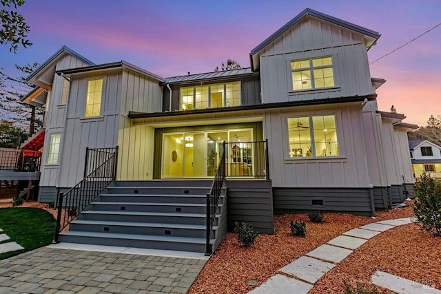 22 Cedar Ave, Kentfield, CA 94904 - modern farmhouse style home with board and batten siding, crawl space, a standing seam roof, and metal roof