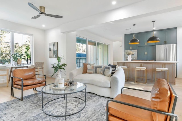 22 Cedar Ave, Kentfield, CA 94904 - living room featuring plenty of natural light, ceiling fan, light wood finished floors, baseboards, and recessed lighting