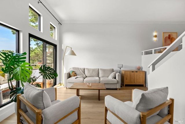 402 Donahue St, Sausalito, CA 94965 - living area with ornamental molding, radiator, light wood-style floors, and stairs