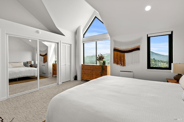 402 Donahue St, Sausalito, CA 94965 - carpeted bedroom featuring lofted ceiling, multiple windows, multiple closets, and recessed lighting