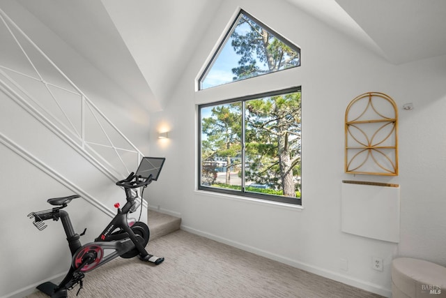 402 Donahue St, Sausalito, CA 94965 - workout area with lofted ceiling, carpet floors, and baseboards