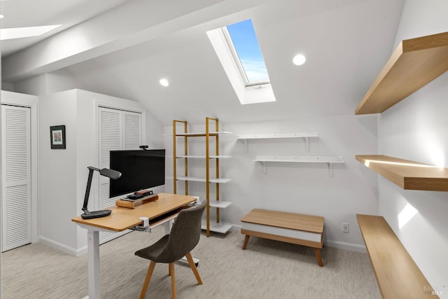 402 Donahue St, Sausalito, CA 94965 - office space featuring a skylight, light colored carpet, baseboards, vaulted ceiling, and recessed lighting