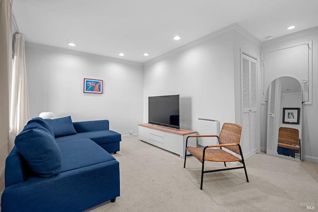 402 Donahue St, Sausalito, CA 94965 - living room with light colored carpet, crown molding, recessed lighting, and baseboards