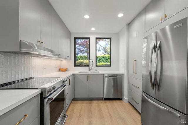 402 Donahue St, Sausalito, CA 94965 - kitchen featuring stainless steel appliances, gray cabinets, under cabinet range hood, light wood-style flooring, and recessed lighting