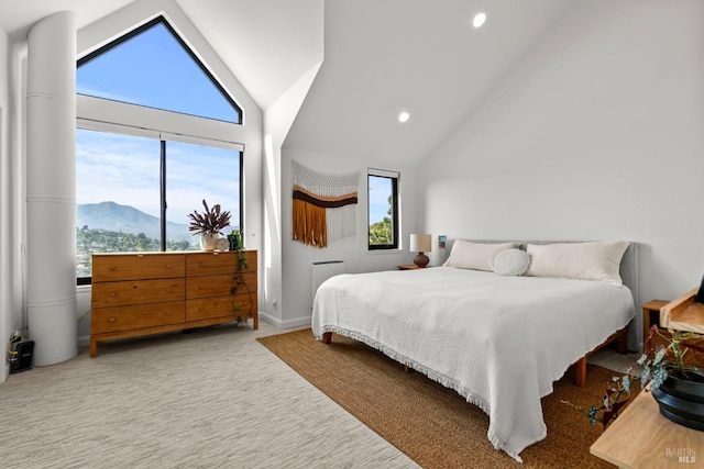 402 Donahue St, Sausalito, CA 94965 - carpeted bedroom featuring high vaulted ceiling, a mountain view, and recessed lighting