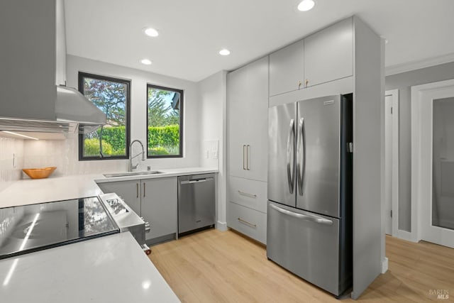 402 Donahue St, Sausalito, CA 94965 - kitchen with stainless steel appliances, a sink, light wood-style flooring, recessed lighting, and light countertops
