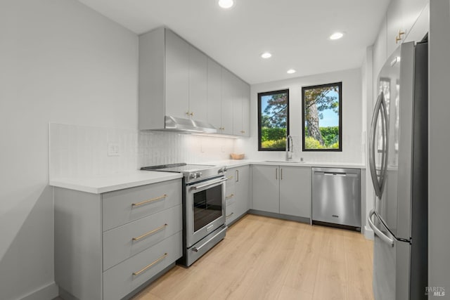 402 Donahue St, Sausalito, CA 94965 - kitchen featuring appliances with stainless steel finishes, gray cabinets, recessed lighting, backsplash, and light wood finished floors