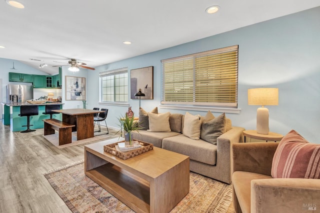 1753 15th St, San Pablo, CA 94806 - living room with light wood-style flooring, ceiling fan, recessed lighting, and vaulted ceiling