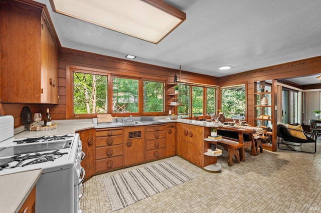 5600 Cazadero Hwy, Cazadero, CA 95421 - kitchen with white gas stove, brown cabinets, a sink, light countertops, and wood walls