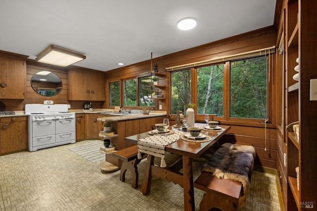 5600 Cazadero Hwy, Cazadero, CA 95421 - kitchen with white range with gas stovetop, brown cabinets, light countertops, open shelves, and wood walls