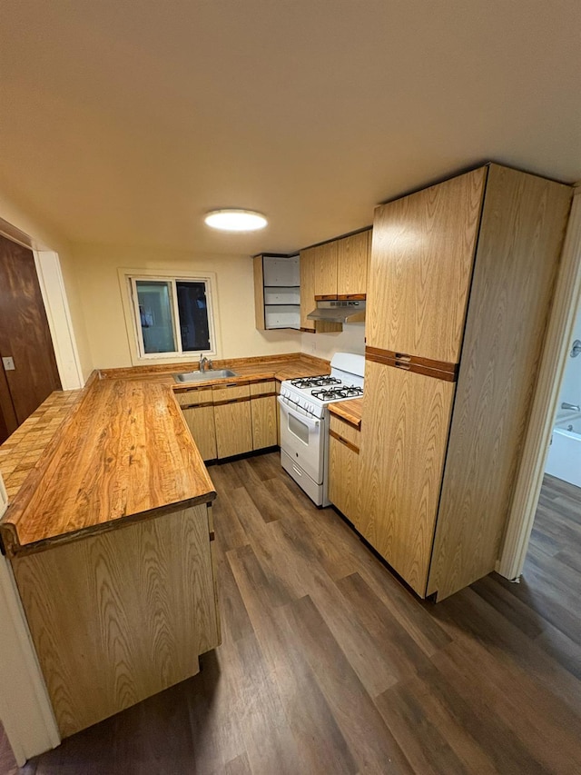 612 Union St, Isleton, CA 95641 - kitchen with white gas range, wood counters, dark wood finished floors, light brown cabinetry, and a peninsula