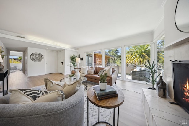 40 Redwood Ave, Corte Madera, CA 94925 - living room featuring wood finished floors, a fireplace, and crown molding