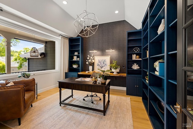 943 Appleridge Pl, Fairfield, CA 94534 - home office with a chandelier, wallpapered walls, an accent wall, recessed lighting, and light wood finished floors