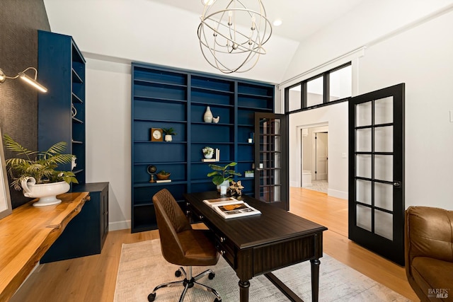 943 Appleridge Pl, Fairfield, CA 94534 - office area with a chandelier, light wood-type flooring, french doors, and high vaulted ceiling