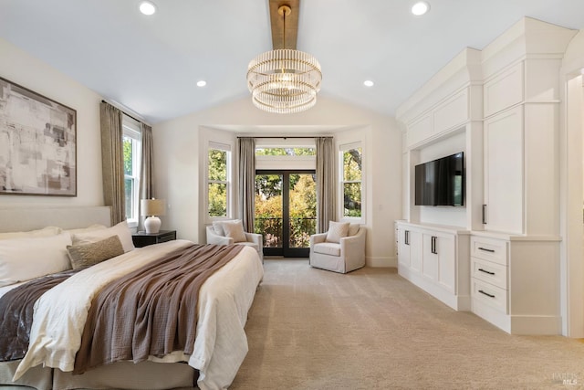 943 Appleridge Pl, Fairfield, CA 94534 - bedroom with light colored carpet, vaulted ceiling, a chandelier, recessed lighting, and access to exterior