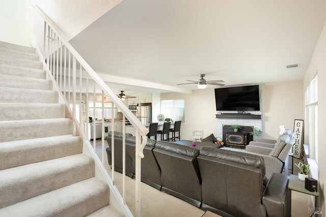 481 Chelsea Way, Fairfield, CA 94533 - living area featuring a ceiling fan, stairs, and carpet