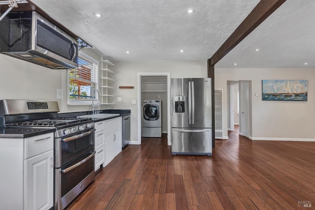 600 Buss Ave, Vallejo, CA 94591 - kitchen with appliances with stainless steel finishes, washer / dryer, open shelves, a textured ceiling, and baseboards