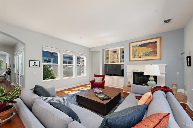 8596 Starr Rd, Windsor, CA 95492 - living area featuring arched walkways, plenty of natural light, dark wood-type flooring, and built in features