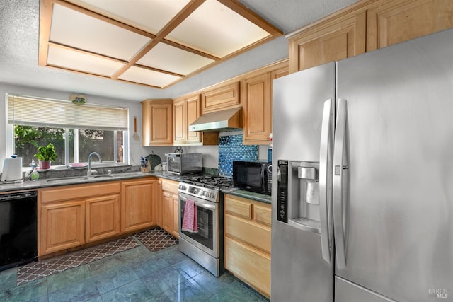 6048 Dawn Dr, Rohnert Park, CA 94928 - kitchen featuring black appliances, ventilation hood, a sink, light brown cabinets, and backsplash