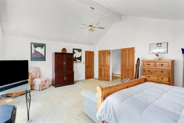 6048 Dawn Dr, Rohnert Park, CA 94928 - bedroom featuring light colored carpet, beamed ceiling, high vaulted ceiling, a ceiling fan, and baseboards