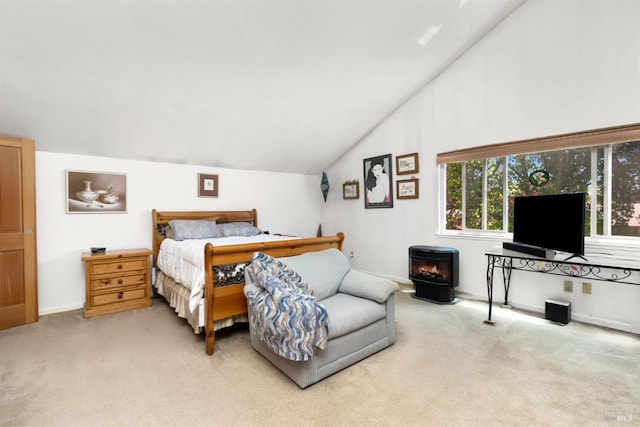 6048 Dawn Dr, Rohnert Park, CA 94928 - bedroom with lofted ceiling, carpet, a wood stove, and baseboards