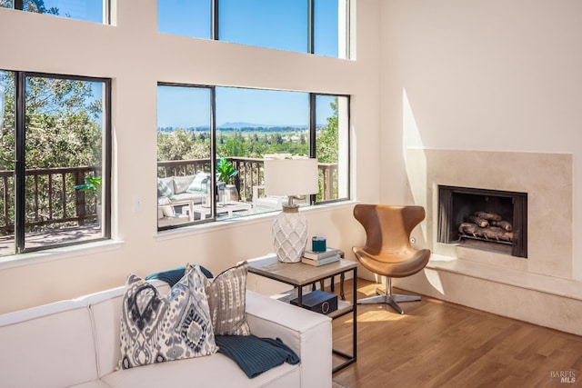 1043 La Quinta Ct, Napa, CA 94559 - living area featuring wood finished floors, a premium fireplace, and a high ceiling