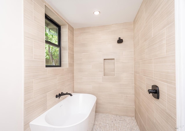 1043 La Quinta Ct, Napa, CA 94559 - bathroom featuring tile walls, a freestanding bath, and tiled shower