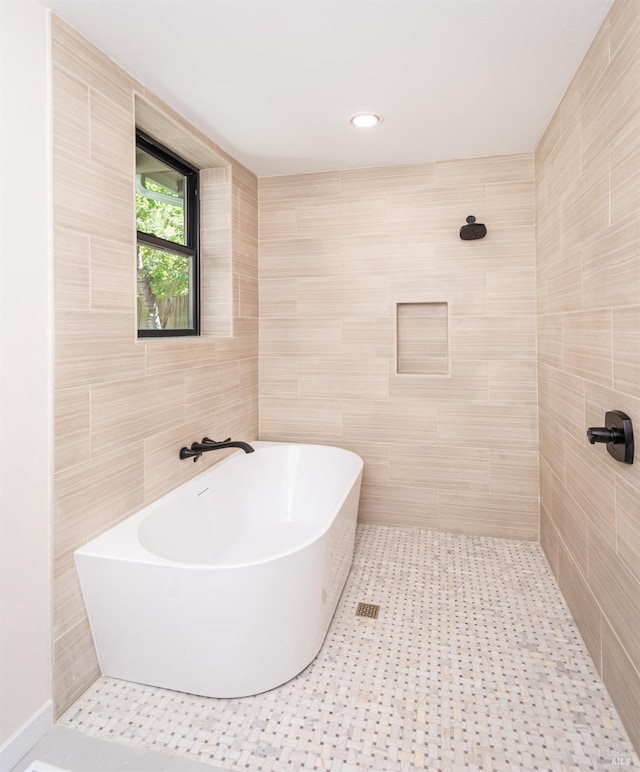 1043 La Quinta Ct, Napa, CA 94559 - full bathroom with a freestanding tub, tile walls, and tiled shower