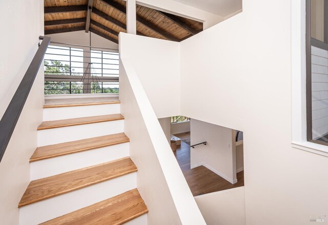 1043 La Quinta Ct, Napa, CA 94559 - staircase with wood ceiling and wood finished floors