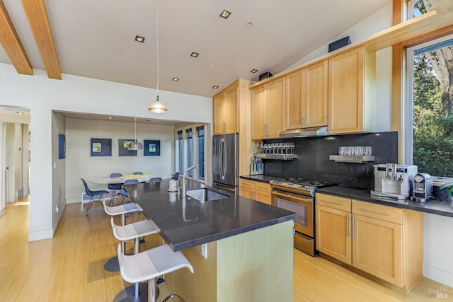 1067 Darms Ln, Napa, CA 94558 - kitchen with appliances with stainless steel finishes, a sink, light wood-style floors, decorative backsplash, and light brown cabinets