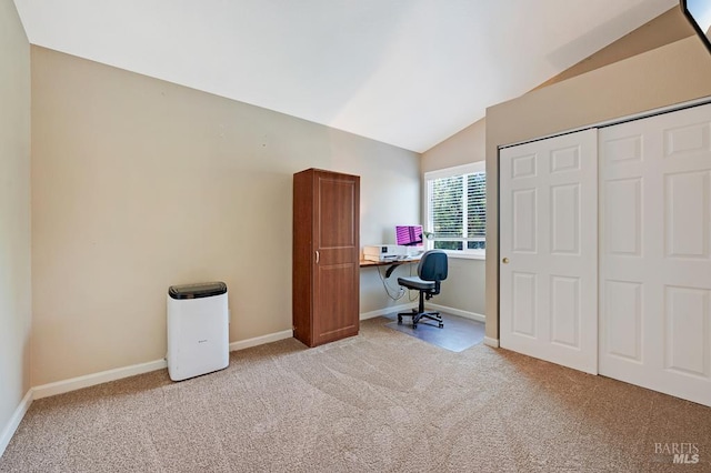 1405 Montana Pl, Rohnert Park, CA 94928 - office area featuring light carpet, lofted ceiling, and baseboards